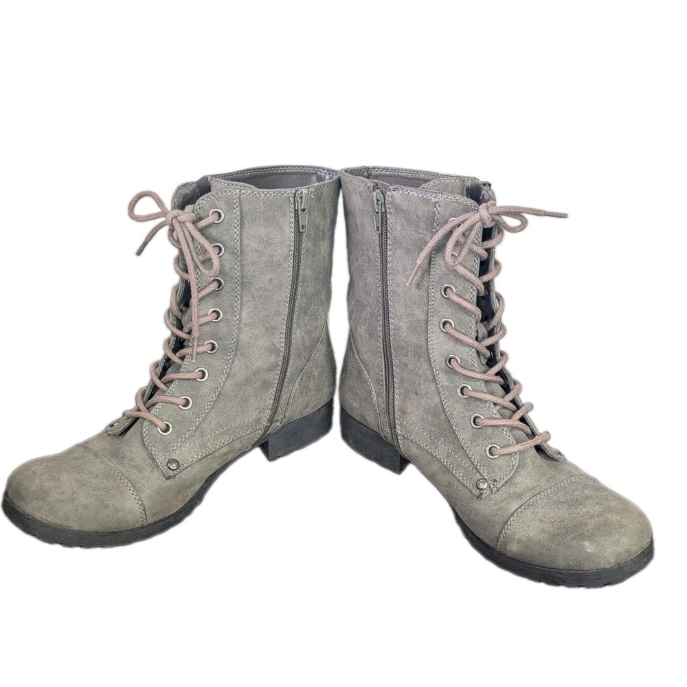 G Guess Womens Boots 9M Double Zip Combat Lace Up Gray Ankle Booties Excellent